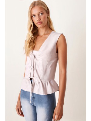 Armonika Kadın Krem V Yaka Önden Bağlamalı Eteği Fırfırlı Bluz ARM-25Y001102