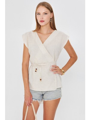 Armonika Kadın Krem Kruvaze Belden Bağlamalı Keten Görünümlü Bluz ARM-25Y001080