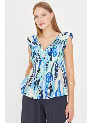 Armonika Kadın Mavi V Yaka Yakası Fırfırlı Beli Lastikli Bluz ARM-25Y001076