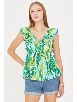 Armonika Kadın Yeşil V Yaka Yakası Fırfırlı Beli Lastikli Bluz ARM-25Y001076