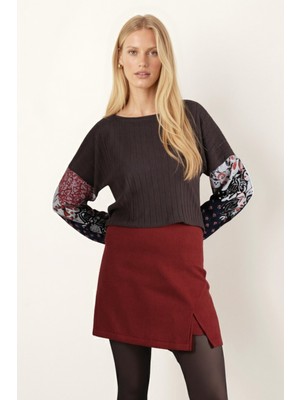 Armonika Kadın Koyu Kahve Kolu Desenli Balonlu Triko Kazak ARM-20K081001