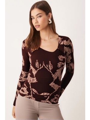 Armonika Kadın Kahve-Bej Asimetrik Yaka Detaylı Bluz ARM-26K001046