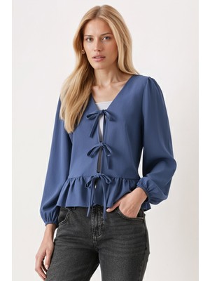 Armonika Kadın Koyu Mavi Önden Bağlamalı Etek Ucu Fırfırlı Kolları Lastikli Bluz ARM-26K001019