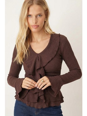 Armonika Kadın Kahve Yakası Fırfırlı Kolları Volanlı Büzgülü Bluz ARM-26K001079