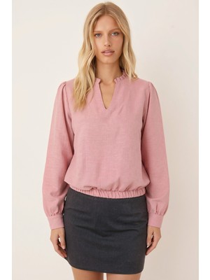 Armonika Kadın Pembe V Yaka Yakası Pile Detaylı Beli Lastikli Manşetli Bluz ARM-26K001020