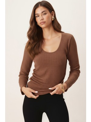 Armonika Kadın Vizon V Yaka Uzun Kollu Önü Büzgülü Yumuşak Dokulu Likralı Bluz ARM-26K001014