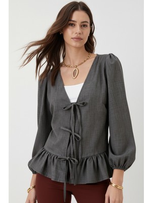 Armonika Kadın Füme Önden Bağlamalı Etek Ucu Fırfırlı Kolları Lastikli Bluz ARM-26K001019