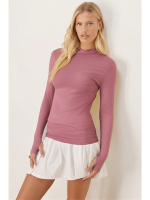 Armonika Kadın Gül Kurusu Yarım Balıkçı Parmak Geçmeli Body Bluz ARM-26K135002