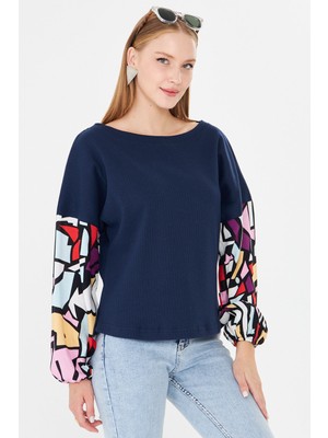 Armonika Kadın Lacivert Kolu Renkli Salaş Bluz ARM-20K001085