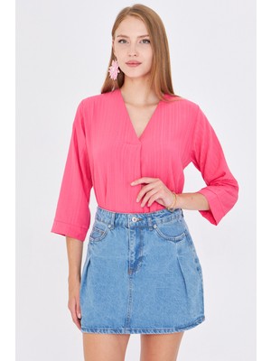 Armonika Kadın Fuşya V Yaka Çeyrek Kol Bluz ARM-25Y001024