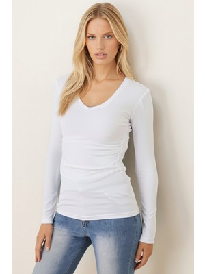 Armonika Kadın Beyaz V Yaka Uzun Kol Body Bluz ARM-26K135005
