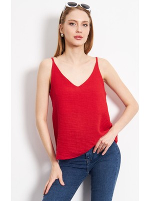 Armonika Kadın Kırmızı Keten Görünümlü Askılı Bluz ARM-24Y001064