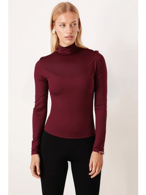 Armonika Kadın Bordo Kısa Yarım Balıkçı Uzun Kol Body Bluz ARM-26K135004