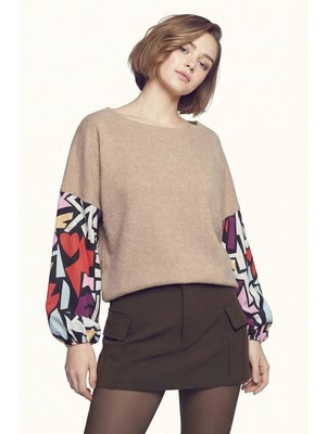 Armonika Kadın Bej Kolu Renkli Salaş Bluz ARM-20K001085