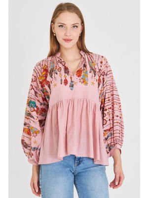 Armonika Kadın Gül Kurusu Hakim Yaka Balon Kol Bluz ARM-25Y001052