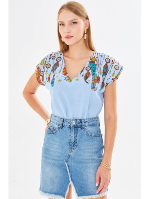 Armonika Kadın Bebe Mavi V Yaka Baskılı Bluz ARM-25Y001086