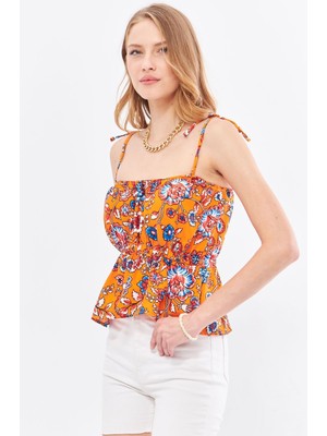 Armonika Kadın Turuncu Desenli Beli Lastikli Askıları Bağlama Detaylı Straplez Crop Bluz