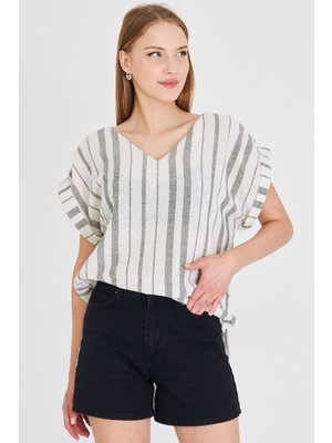 Armonika Kadın Haki V Yaka Yanları Yırtmaçlı Arkası Uzun Duble Kol Detaylı Oversize Bluz ARM-25Y001056