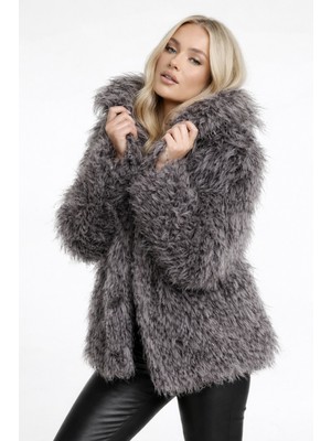 Ribana Classic Kadın Ekru Yüksek Yaka Trend Astarlı Kuzu Şişme Peluş Kumaş Kısa Mont 2283