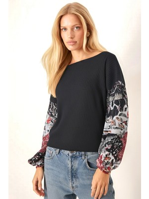 Armonika Kadın Antrasit Kolu Desenli Balonlu Triko Kazak ARM-20K081001