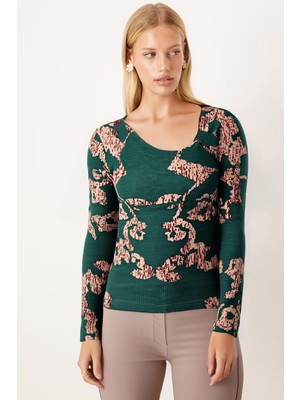 Armonika Kadın Yeşil-Bej Asimetrik Yaka Detaylı Bluz ARM-26K001046