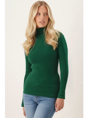 Armonika Kadın Yeşil Balıkçı Yaka Kolu Şeritli Yumuşak Dokulu Bluz ARM-26K001043