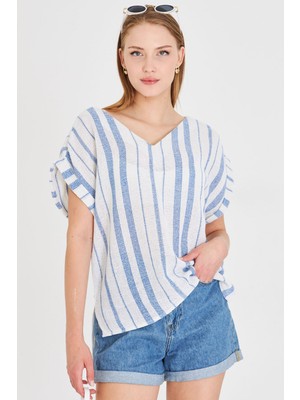 Armonika Kadın Saks V Yaka Yanları Yırtmaçlı Arkası Uzun Duble Kol Detaylı Oversize Bluz ARM-25Y001056