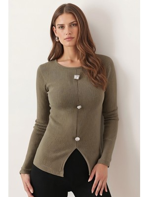 Armonika Kadın Haki Geniş Yaka Uzun Kollu Önden Yırtmaçlı Düğmeli Bluz ARM-26K001008