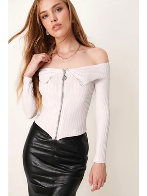 Armonika Kadın Gri Kayık Yaka Fermuarlı Crop Bluz ARM-26K042010