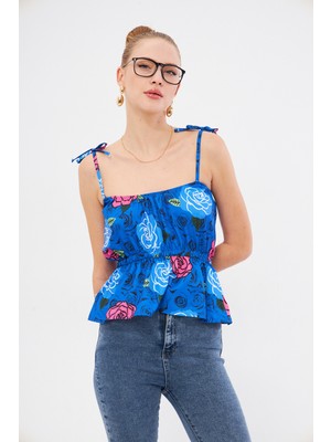 Armonika Kadın Saks Desenli Beli Lastikli Askıları Bağlama Detaylı Straplez Crop Bluz ARM-24Y001116