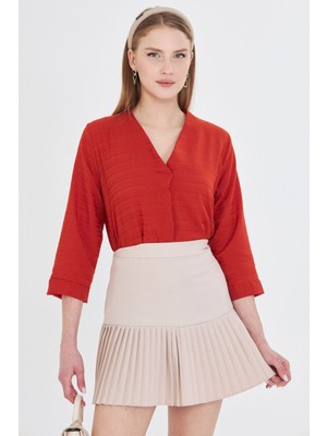 Armonika Kadın Kiremit V Yaka Çeyrek Kol Bluz ARM-25Y001024