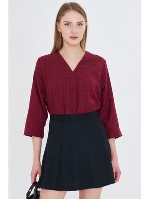 Armonika Kadın Bordo V Yaka Çeyrek Kol Bluz ARM-25Y001024