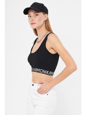 Armonika Kadın Siyah Beli Lastik Detaylı Crop Bluz ARM-24Y001104