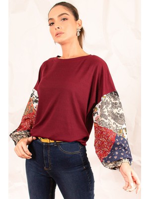 Armonika Kadın Bordo Kolu Desenli Balonlu Triko Bluz ARM-20K081001