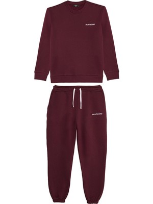 Tudors Erkek Relax Fit Pamuklu 3 Iplik Yumuşak Dokulu Içi Polarlı Bisiklet Yaka Bordo Eşofman Takımı