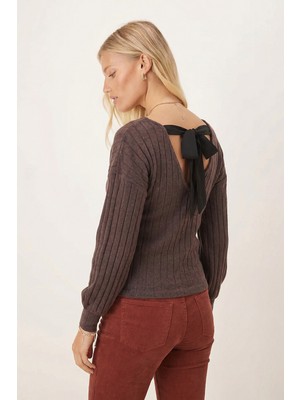 Armonika Kadın Koyu Kahve Ön Arka V Yakalı Sırtı Bağlamalı Bluz ARM-26K001080