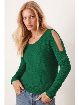 Armonika Kadın Yeşil Yumuşak Dokulu Omuz Dekolteli Bluz ARM-26K001024