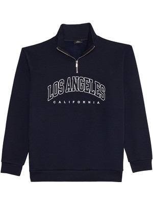 Tudors Erkek Relax Fit Rahat Kesim Pamuklu Yarım Fermuarlı Baskılı Lacivert Sweatshirt