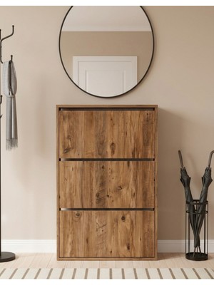 Mobilya Pratik Düşer Kapak Ayakkabılık Kayar Raflı Ayakkabılık 3 Bölmeli