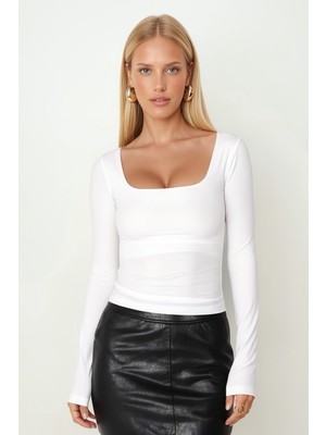 Armonika Kadın Ekru Kare Yaka Uzun Kollu Crop Bluz ARM-26K042004