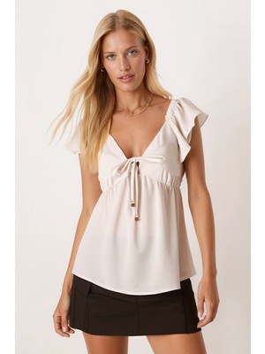 Armonika Kadın Krem V Yaka Kolları ve Eteği Fırfırlı Göğsü Bağlamalı Keten Görünümlü Bluz ARM-25Y001082