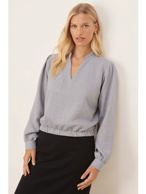 Armonika Kadın Gri V Yaka Yakası Pile Detaylı Beli Lastikli Manşetli Bluz ARM-26K001020