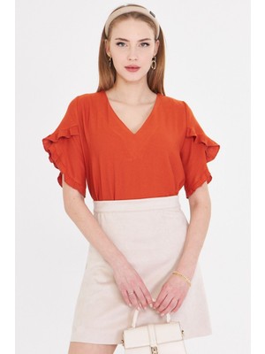 Armonika Kadın Kiremit V Yaka Kolları Fırfırlı Kısa Kol Bluz ARM-25Y001046