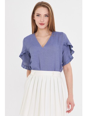 Armonika Kadın Indigo V Yaka Kolları Fırfırlı Kısa Kol Bluz ARM-25Y001046