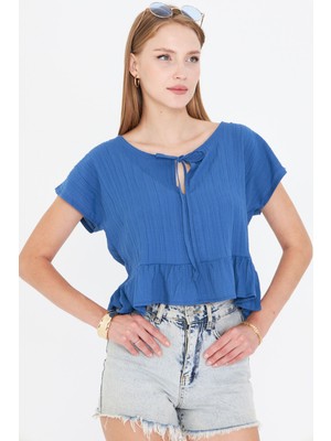 Armonika Kadın Koyu Mavi Yarasa Kol Yakası Bağlamalı Eteği Fırfırlı Oversize Crop Bluz ARM-24Y001088