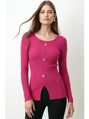 Armonika Kadın Fuşya Geniş Yaka Uzun Kollu Önden Yırtmaçlı Düğmeli Bluz ARM-26K001008