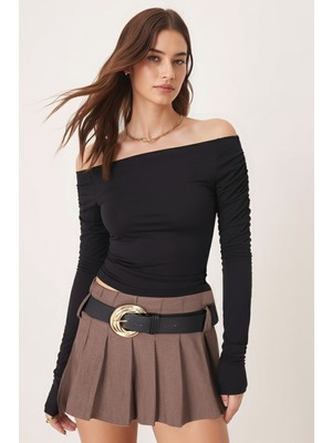 Armonika Kadın Siyah Kolları Büzgülü Crop Bluz ARM-26K042015