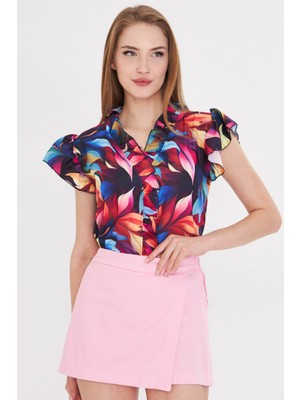 Armonika Kadın Saks Yakası ve Kolları Fırfırlı Bluz ARM-25Y001028