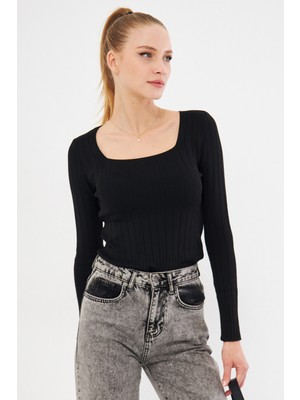 Armonika Kadın Siyah Kare Yaka Likralı Triko Bluz ARM-25K069006