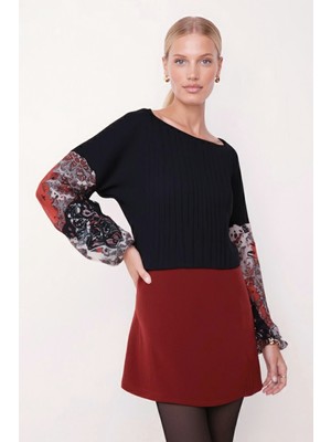 Armonika Kadın Koyu Lacivert Kolu Desenli Balonlu Triko Kazak ARM-20K081001